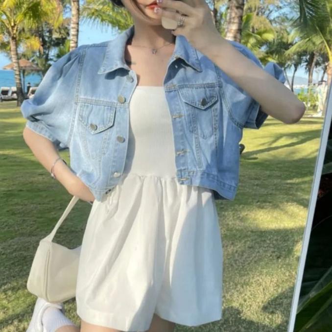 Jaket jeans wanita crop lengan balon