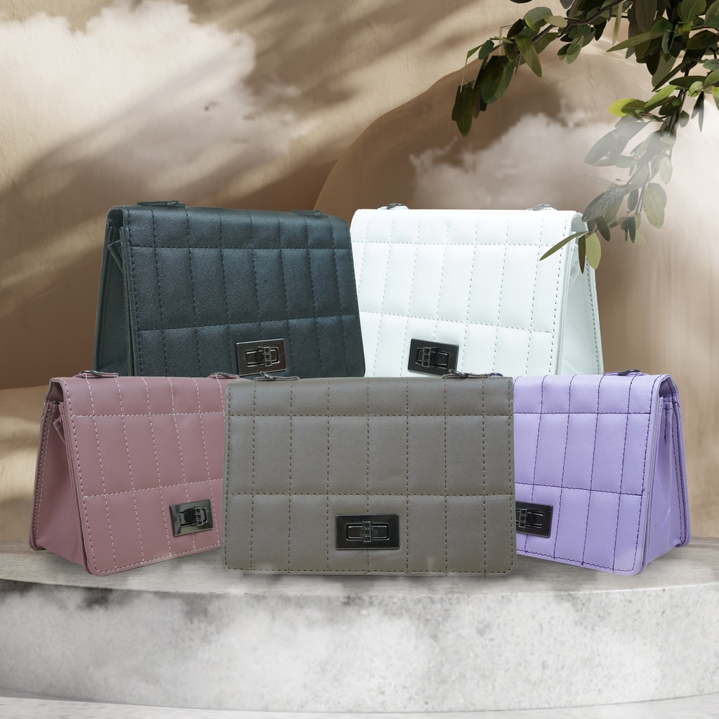 SHOULDER BAG KOTAK BORDIR / TAS SLEMPANG RANTAI HITAM / TAS KANCING PUTAR