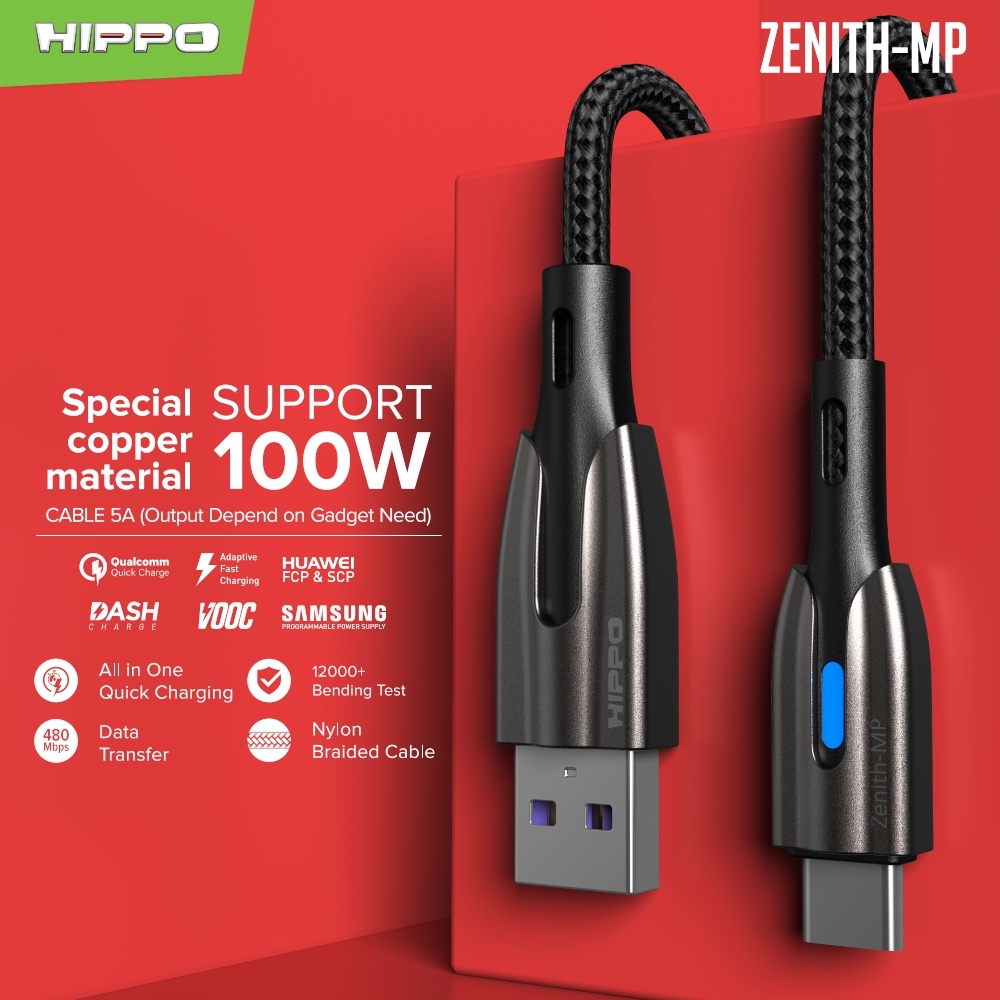 Hippo Kabel Data Super Fast Charging Ultron 3 Type C to Type C 5A 100 W 120 CM Quick Charge 3.0 Quick Charging Data Cable Android Braided Casan Handphone LED Indicator-Kabel ZenithMP Black