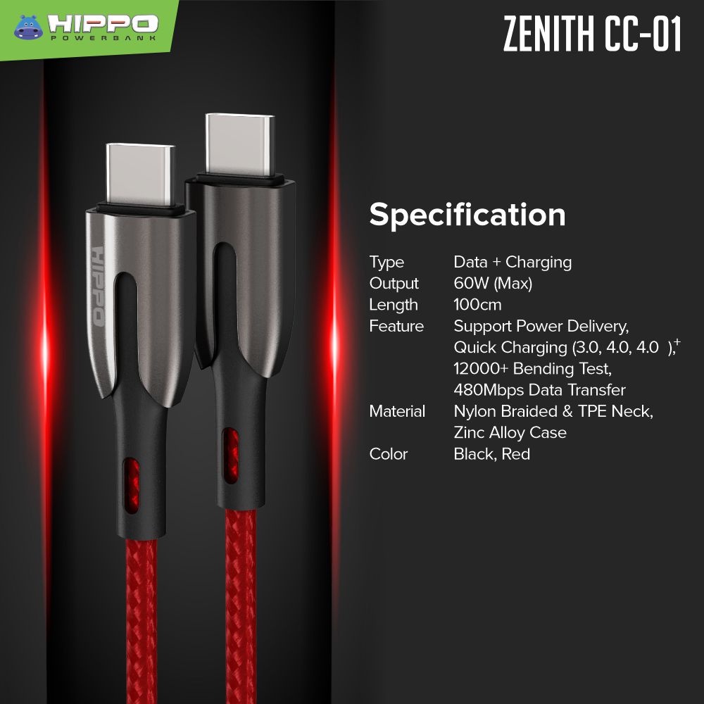Hippo Kabel Data Super Fast Charging Ultron 3 Type C to Type C 5A 100 W 120 CM Quick Charge 3.0 Quick Charging Data Cable Android Braided Casan Handphone LED Indicator-Kabel Zenith CC Red