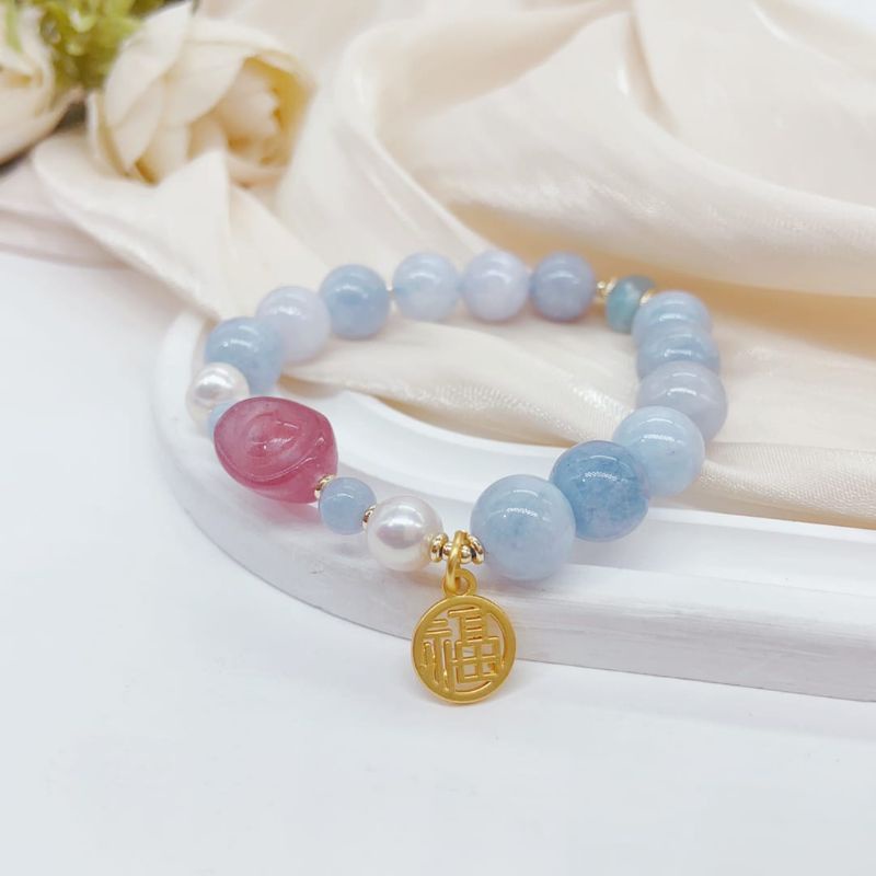 Fuduolashijia Gelang tangan mutiara air tawar dengan crystal yuan bao stroberi dan gandulan huruf "f