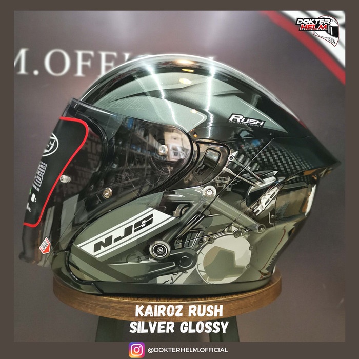 Helm Njs Kairoz Half Face Motif Rush Dv Black Silver Ori Sni 2Visor - M, Doff