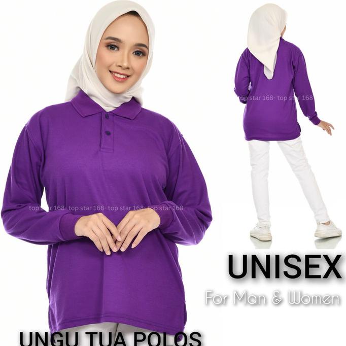 Kaos kerah lengan panjang UNGU TUA polos wanita pria S-3XL