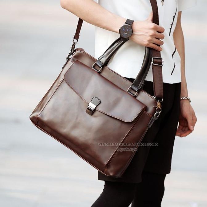 tas selempang kerja kantor besar pria kulit black import