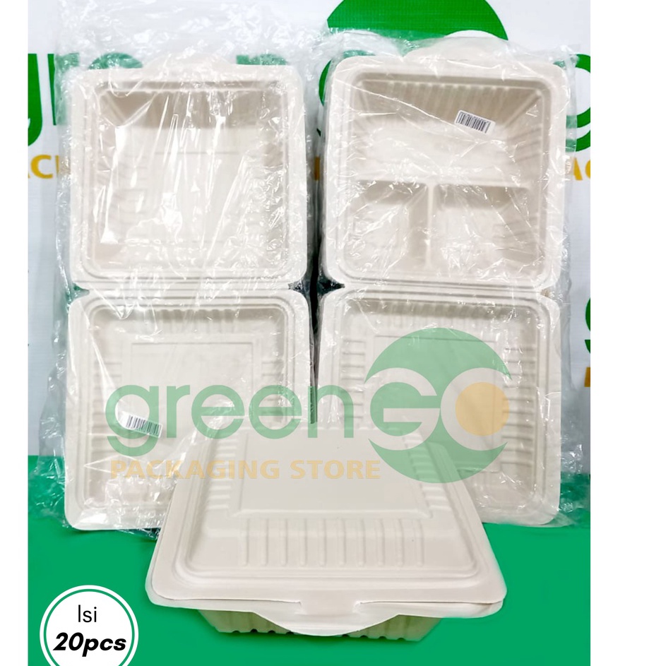 ★★ K MEAL BOX POLOS SEKAT 3 ISI 20PCS 18CM UKURAN SEDANG MEDIUM BAGASSE KOTAK LUNCH BOX KOREAN CAKE 