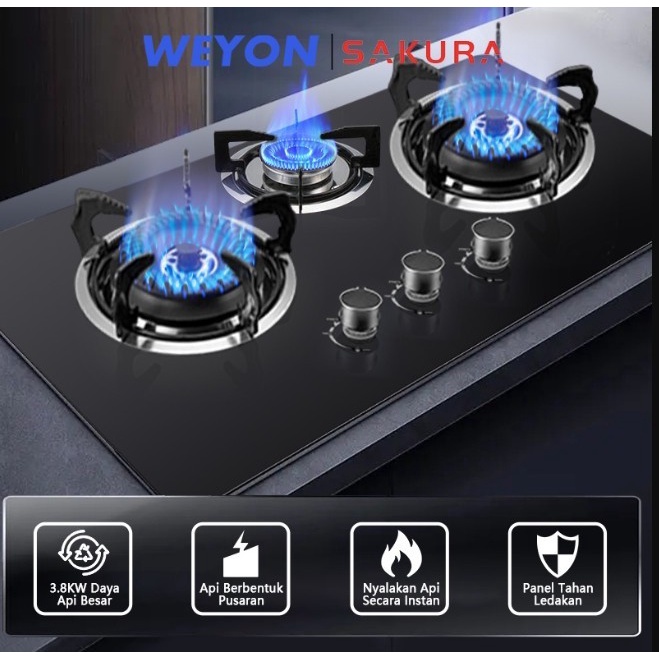 Weyon Sakura Kompor Gas Tanam 3 Tungku Tertanam Panel Kaca