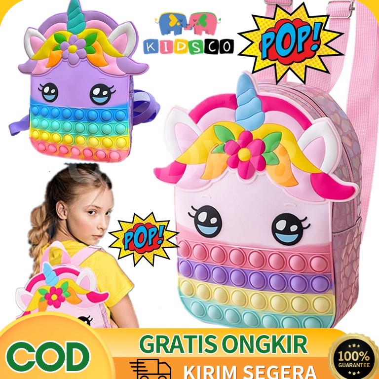 BEST PRODUCT Tas Ransel Pop It Unicorn Makaron Rainbow Murah Anak Penghilang Stress Pop It / Tas Sek
