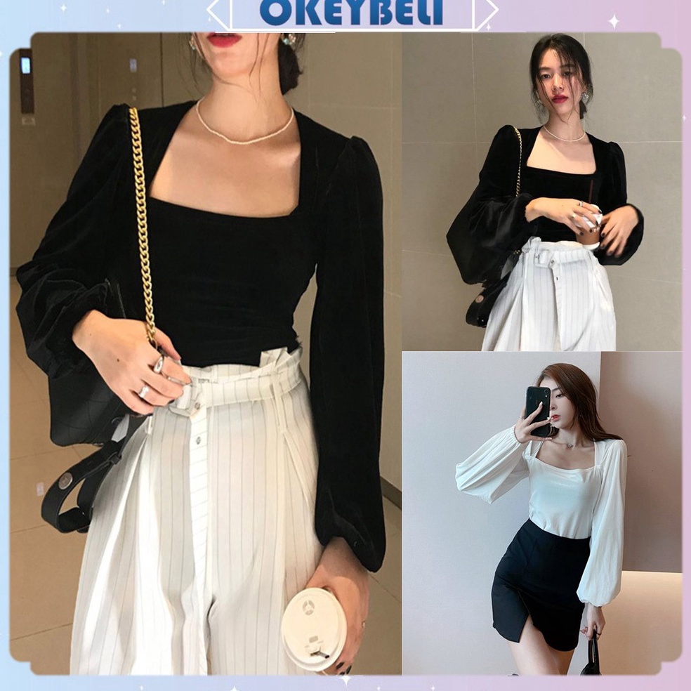 SIAP KIRIM •OKEY BELI•BJ1007 Baju Atasan Wanita Blouse Bluse Top Sabrina Crop Top Elegan fashion kor
