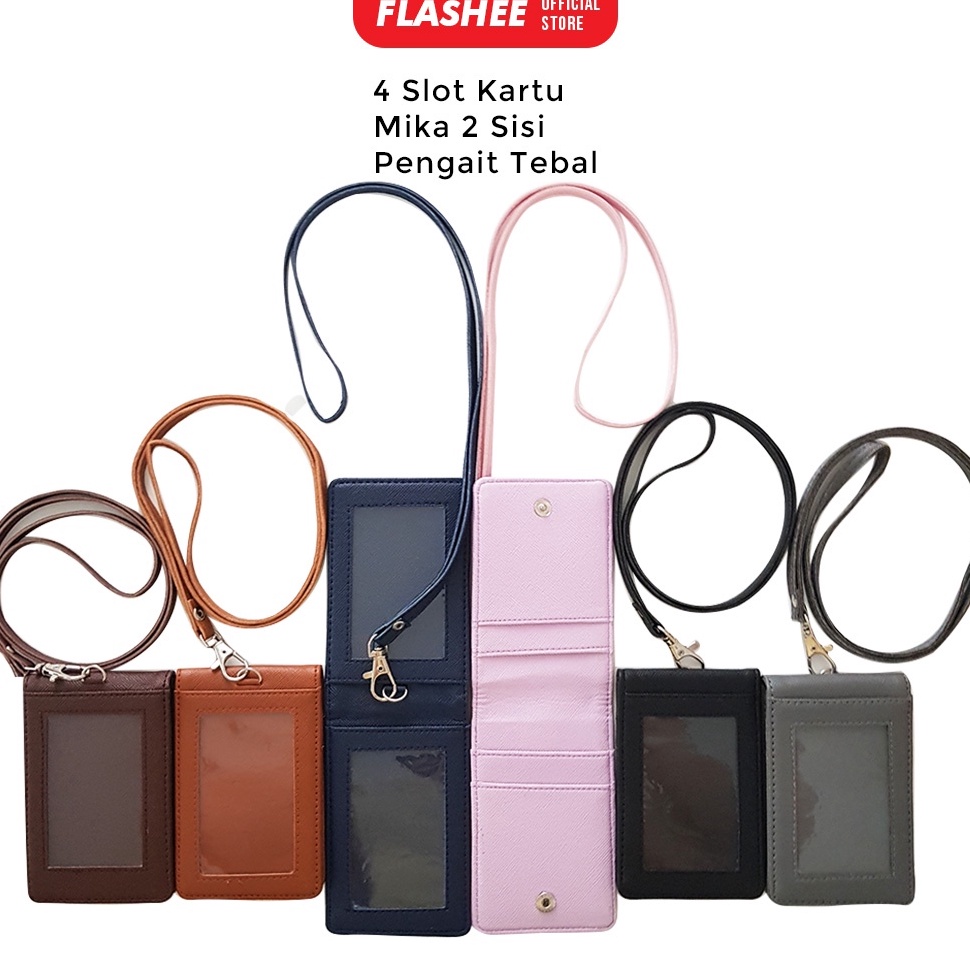 

{Original} Lanyard ID Card Holder Name Tag Kulit Dua Sisi Bolak Balik Mika Kancing Termurah Berkualitas