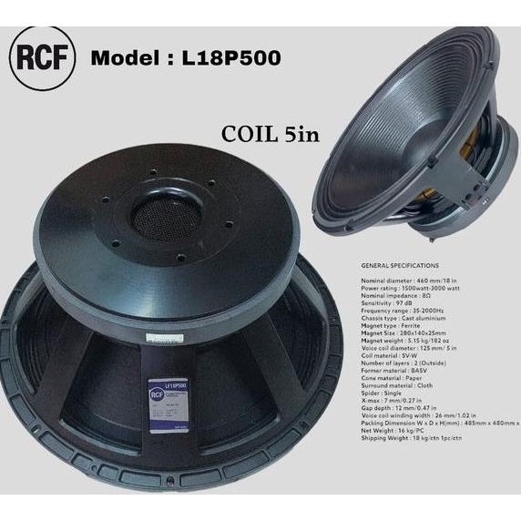 SUBWOOFER 18 INCH RCF LF18P500 SPUL 5 INCH 2400 WATT