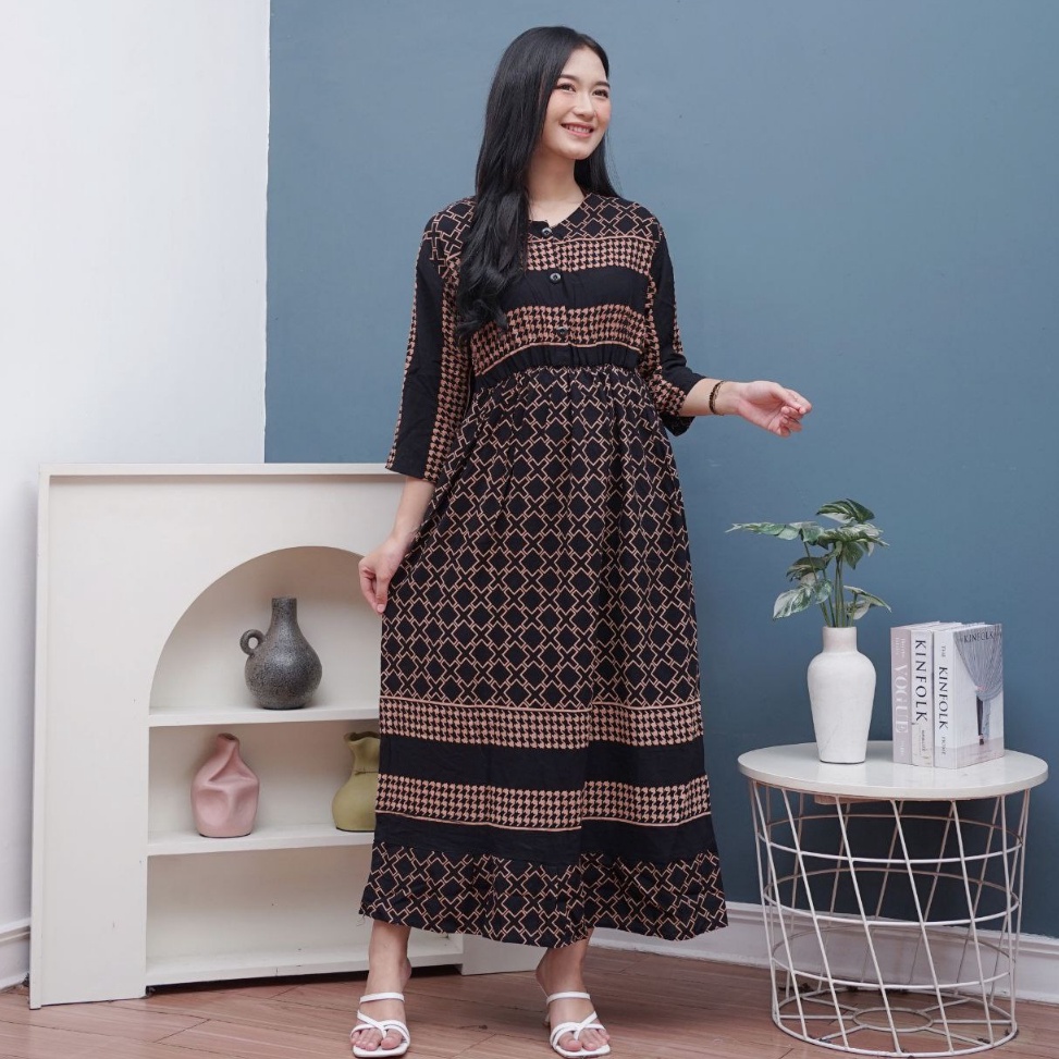 New Product1s6Rg Daster Midi Dress Lengan Panjang 130 Cm Kekinian Kerut Dada Karet Busui Rayon Tebal
