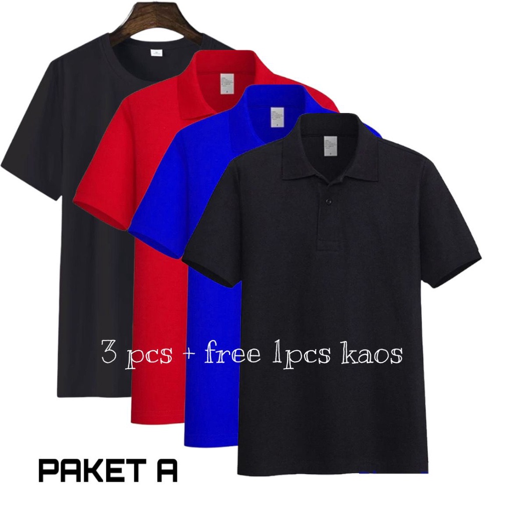 Kaos Polos - [1Paket 3Pcs100Rb+Free 1 Pcs Kaos Polos Hitam ] Kaos Kerah Pria Polo Shirt Lengan Dek M
