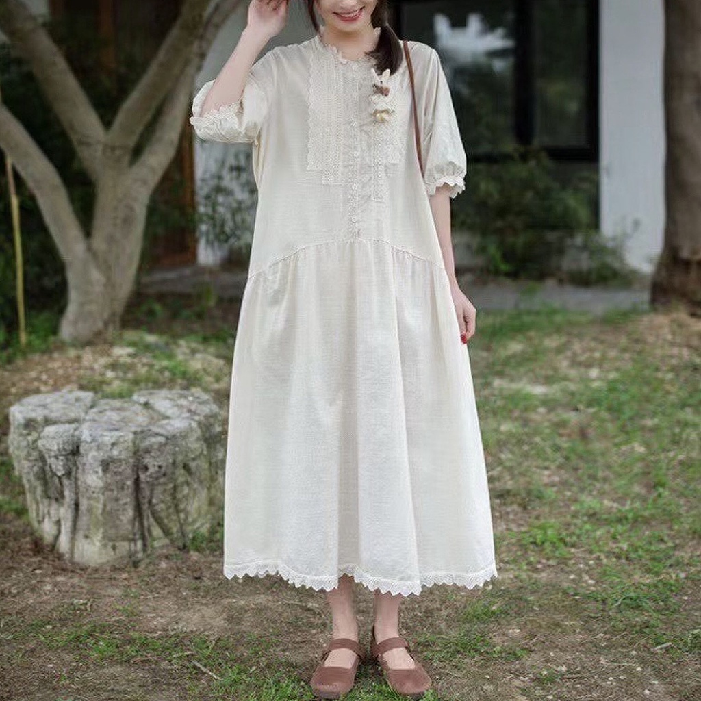 DRESS KATUN LINEN PREMIUM PUTIH GADING IVORY HIJAU DROPWAIST LACE KOREA
