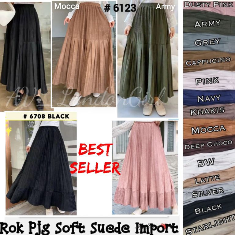 VIRAL Rok Suede Plisket Import Panjang 95 cm London Girl Super Premium Wanita 6708 6123 6901/ Woman 