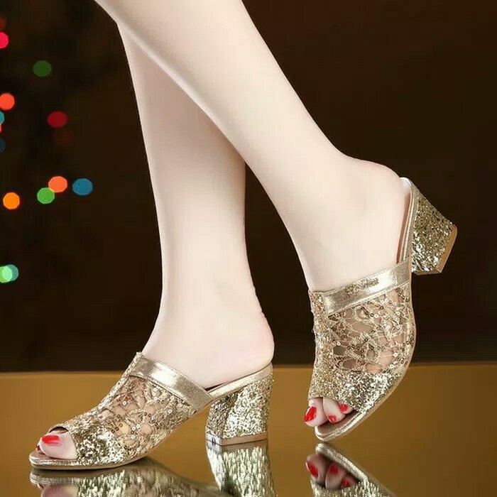 Minluch Sandal High Heels Selop Kokop Pesta Kondangan Gold Silver Gliter 7Cm