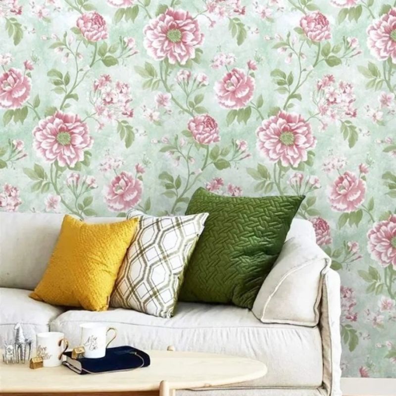 Wallpaper Sticker Dinding Hijau Bunga Mawar Pink Besar