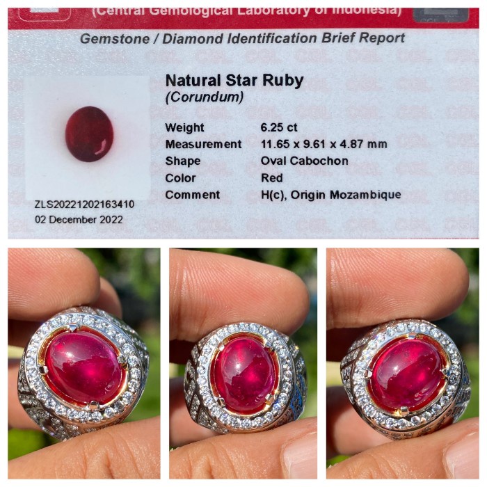 ✨Termurah Natural 6.25Ct Star Ruby Pigeon Blood Ruby Hc Ring Perak Berkualitas