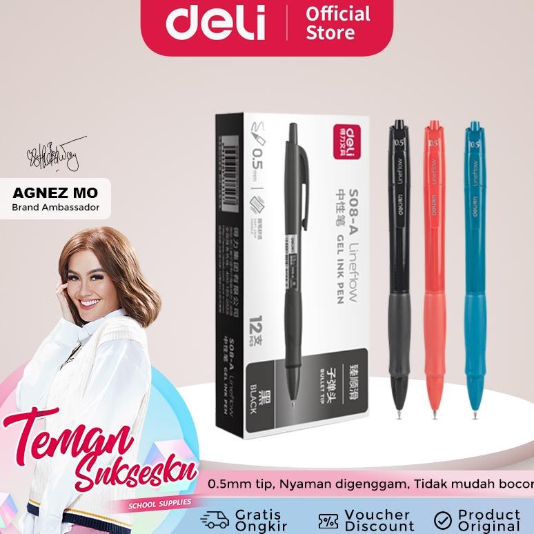 

Deli Gel Pen Pulpen Gel Retractable 0.5mm 3 Warna Bullet Tip Hitam Biru Merah, 1/3/6 pcs S08