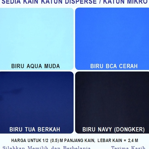 ​☀️LVT​☀️​ Kain Katun Mikro Warna BIRU AQUA MUDA,  BIRU BCA CERAH,  BIRU TUA BERKAH  dan  BIRU NAVY 