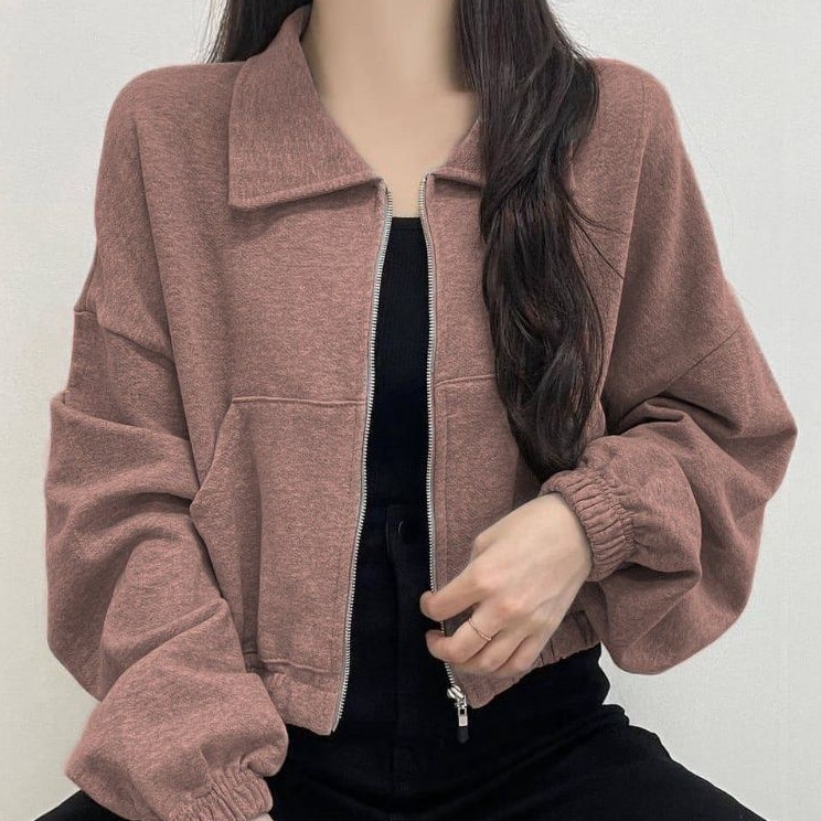 (56B✂<♔  Sweater Vada Collar Jacket Crop Size M.L.XL - Style Korean - Jacket Varsity Bahan Fleece - 
