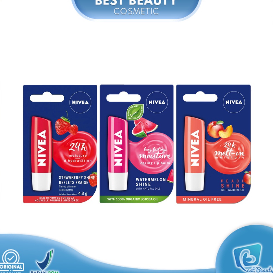 Paling Popular ★ BB ★ NIVEA Caring Lip Balm Strawberry Shine 4.8Gr | NIVEA 24h Melt In Moisture