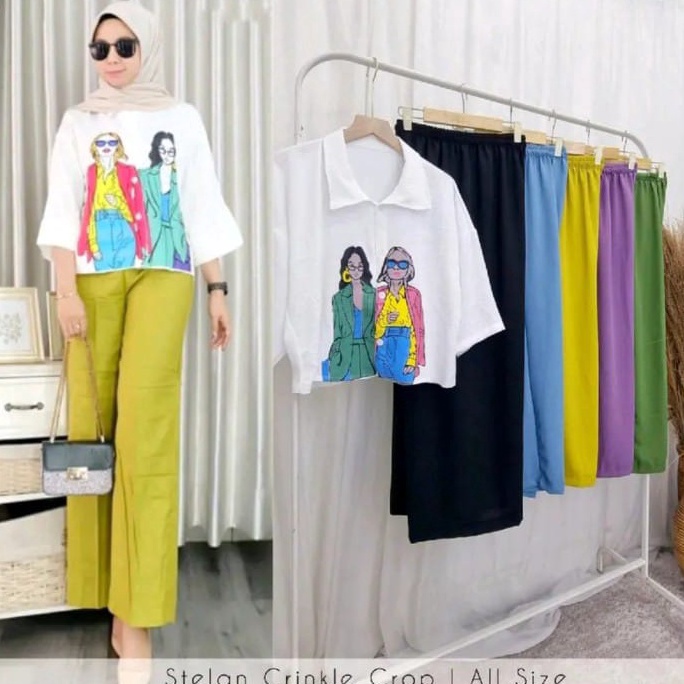 MURAH  BONUS MINI GOLD  Setelan Kemeja Crop Anime Dewasa Terbaru || Bahan Crinkle Airflow II Setelan