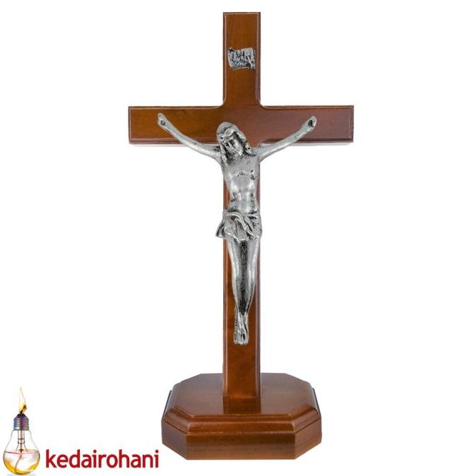 @=@=@=@=] Salib Duduk Kayu Jati Patung Corpus Tubuh Yesus Inri 23 cm Silver