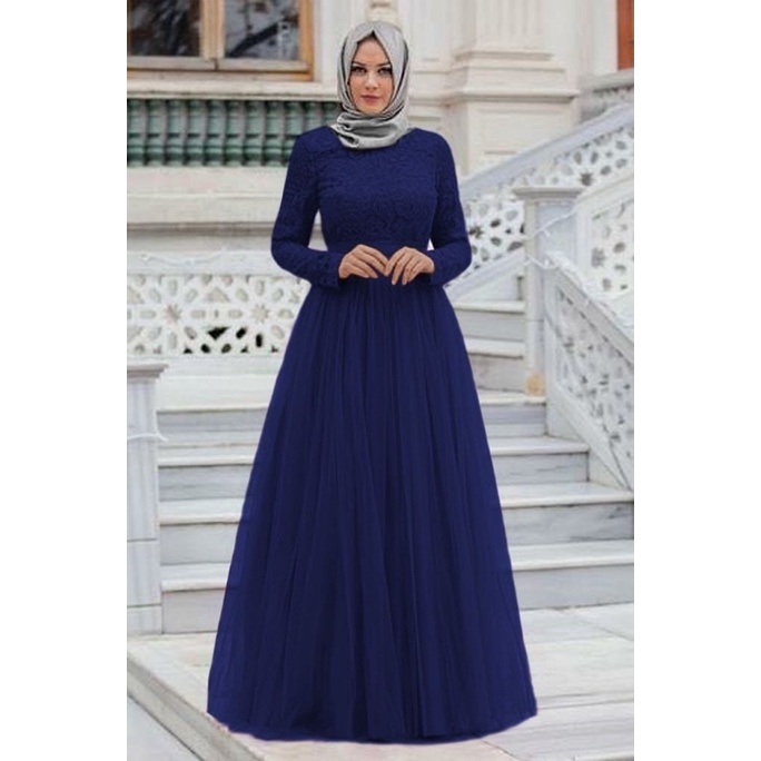 Maxi Dress Wanita Gaun Pesta Muslimah Atas Brukat Bawah Tile Furing