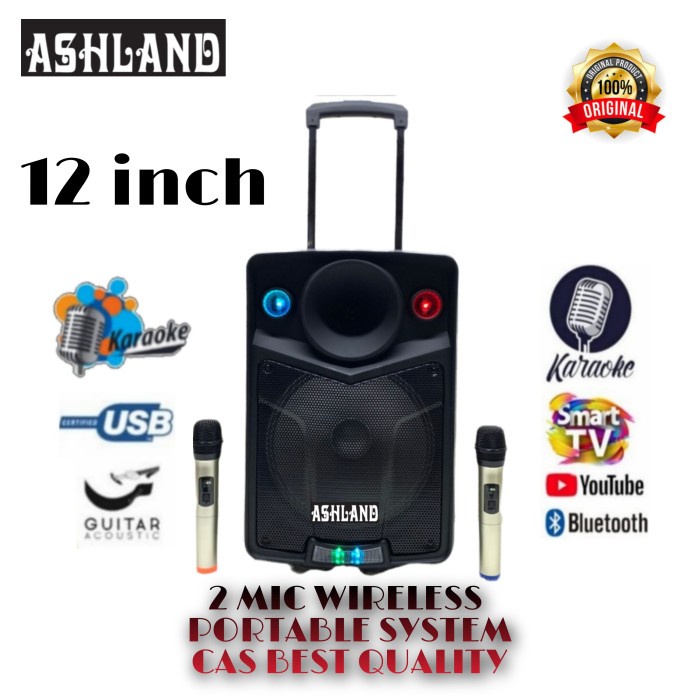 {NurulShop} SPEAKER PORTABLE MEETING 12INCH ASHLAND SOUND PORTABLE SYSTEM 2MIC Diskon