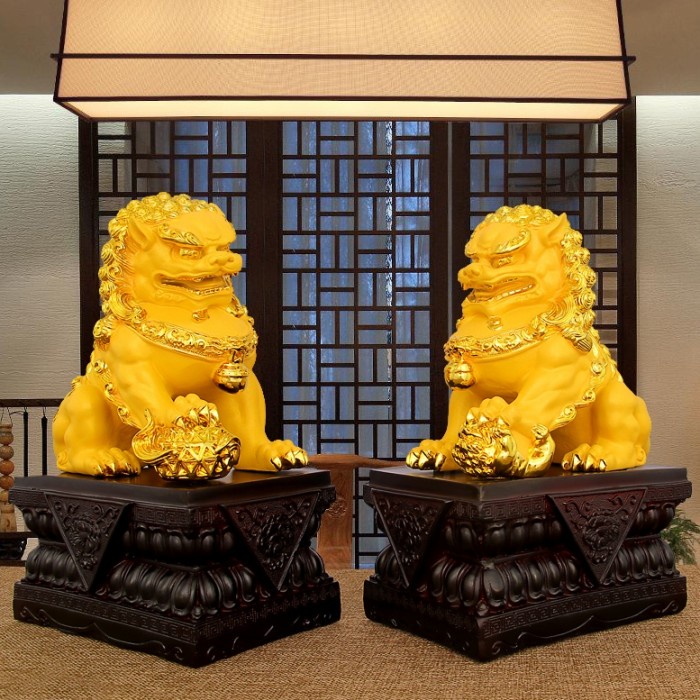 Tracy Patung Fu Dog Emas Sepasang Pajangan Qilin Singa Fu Hoki Hongsui Kayu
