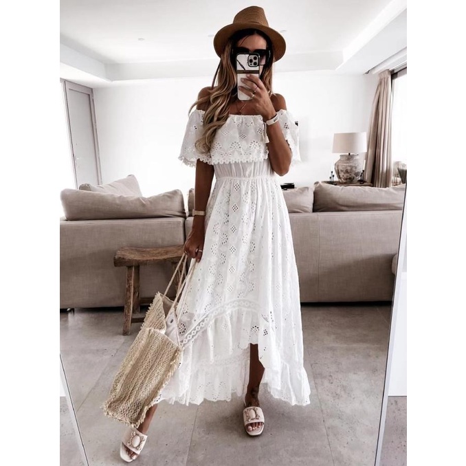 Ready White Sabrina Long Dress Pantai Wanita / Casual Summer Dress Beachwear Stok Terbatas