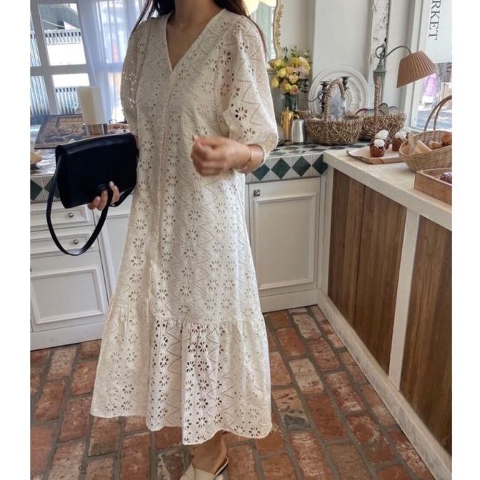 Ready Miya Eyelet Dress Maxi Putih Brokat Casual Embro Puff Korea White Long Original