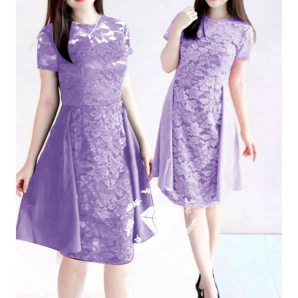 Dress Party Brukat Ungu / Dress Lilac Wanita / Dress Natal Terlaris / Aneka Dress Brokat Warna Laven