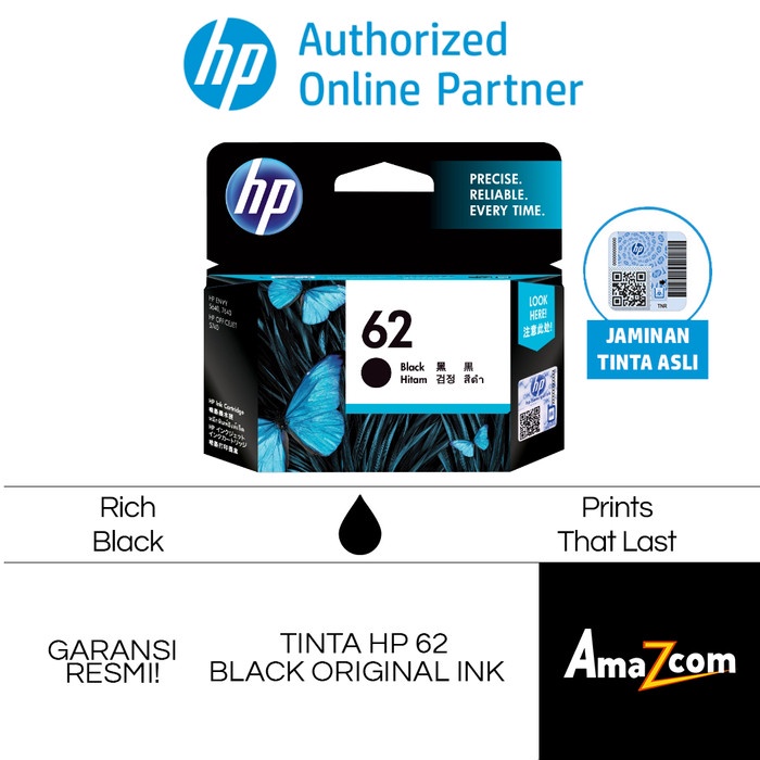 

TINTA HP 62 BLACK / HITAM INK CARTRIDGE (C2P04AA) PRINTER HP 200 250