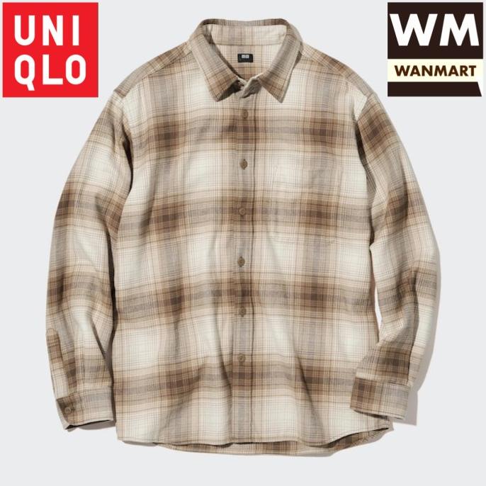 Trend Uniqlo Men Kemeja Pria Flannel Kotak Lengan Panjang Beige Flanel Original