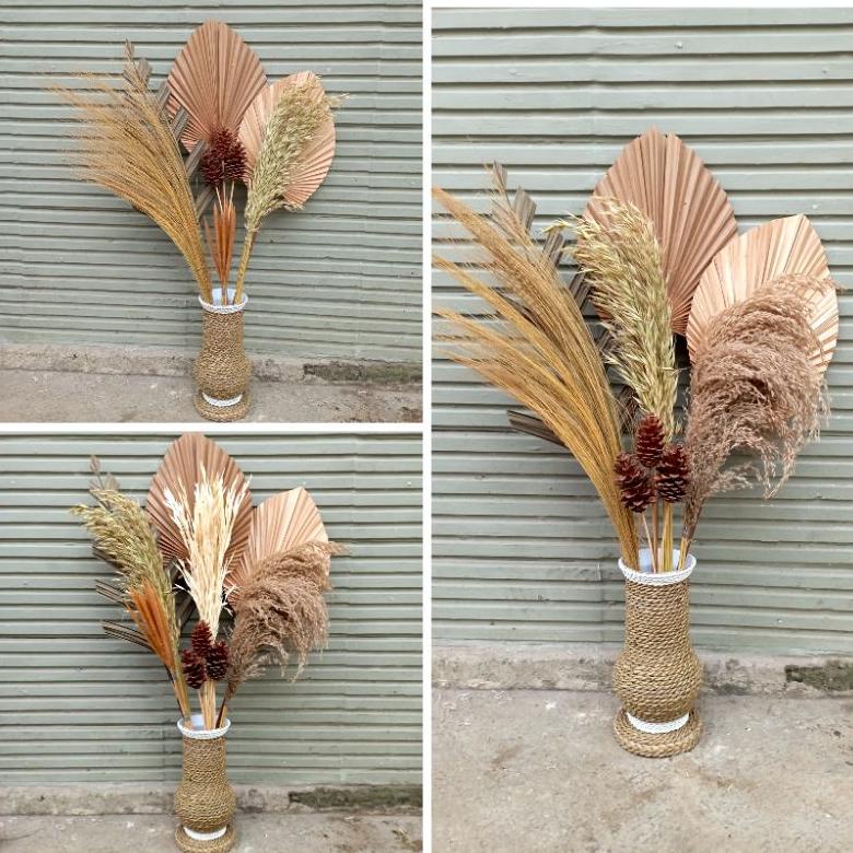 New bung kering paket lengkap daun palem+pampas kering dekorasi rumah estetic