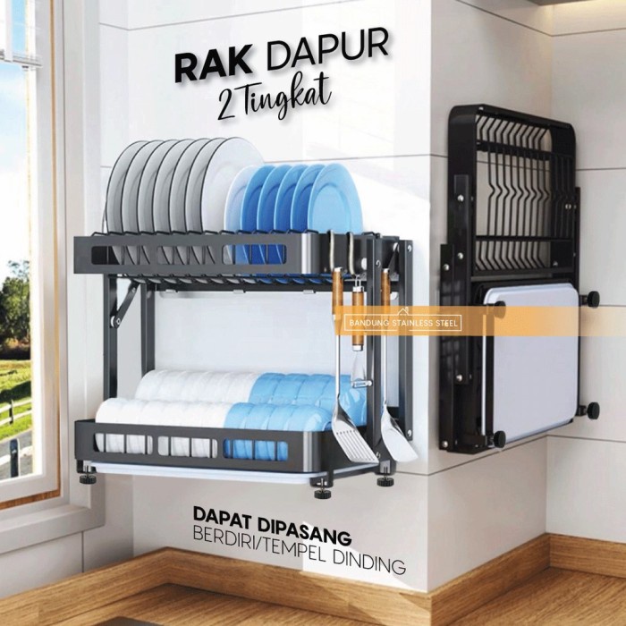 Promo Rak Piring Dapur 2 Tingkat Lipat Gantung Tempel Dinding Stainless