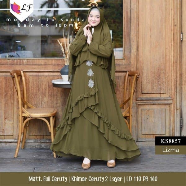 [Original] Baju Busana Muslim Gamis Lizma Army Mat Ceruty Khimar 2 Layer Terbatas