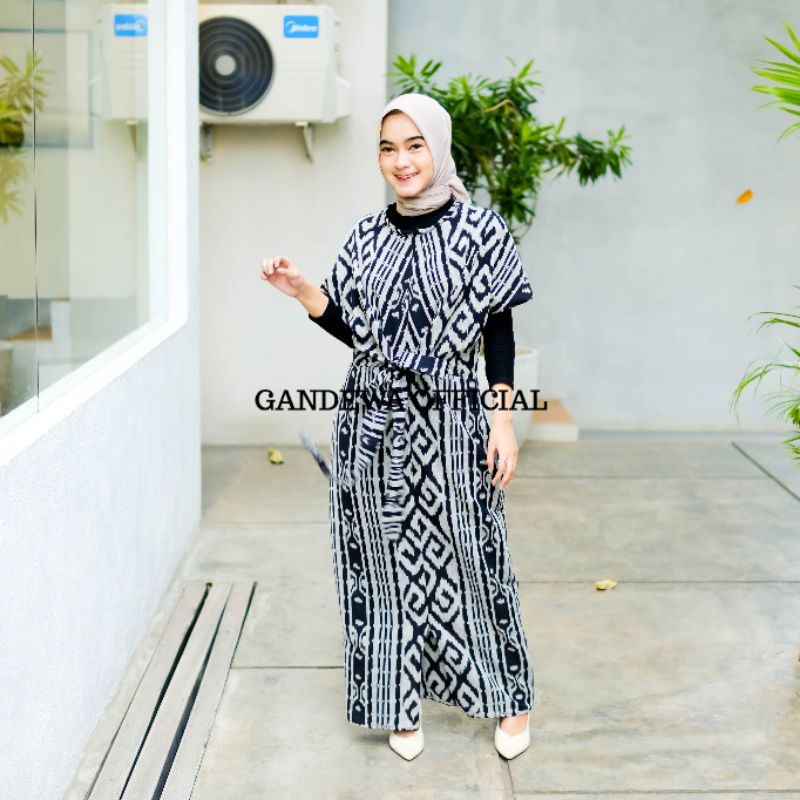 GANDEWA TENUN || ARFA Dress Gamis Tenun Blanket Jepara ATBM Etnik Tradisional Motif Toraja Abu-Abu O