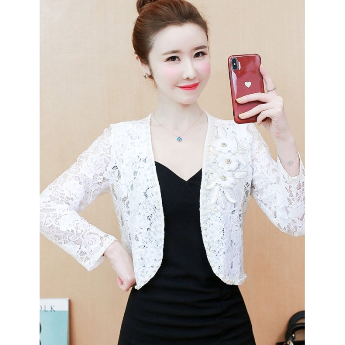 [Ori] Cardigan Wanita Putih Brukat No Kancing Korea Lengan Panjang Elegant Bisa Sameday