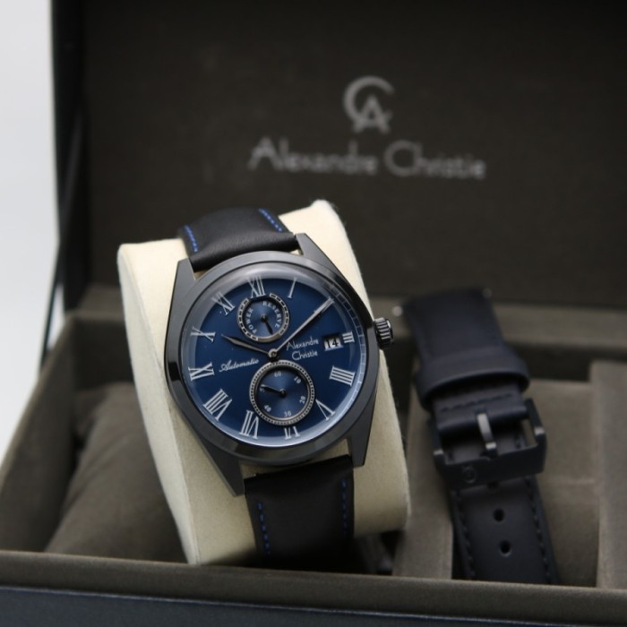 ✅Sale Alexandre Christie 3040 Automatic Black Blue Pria. Leather Original Terbaru