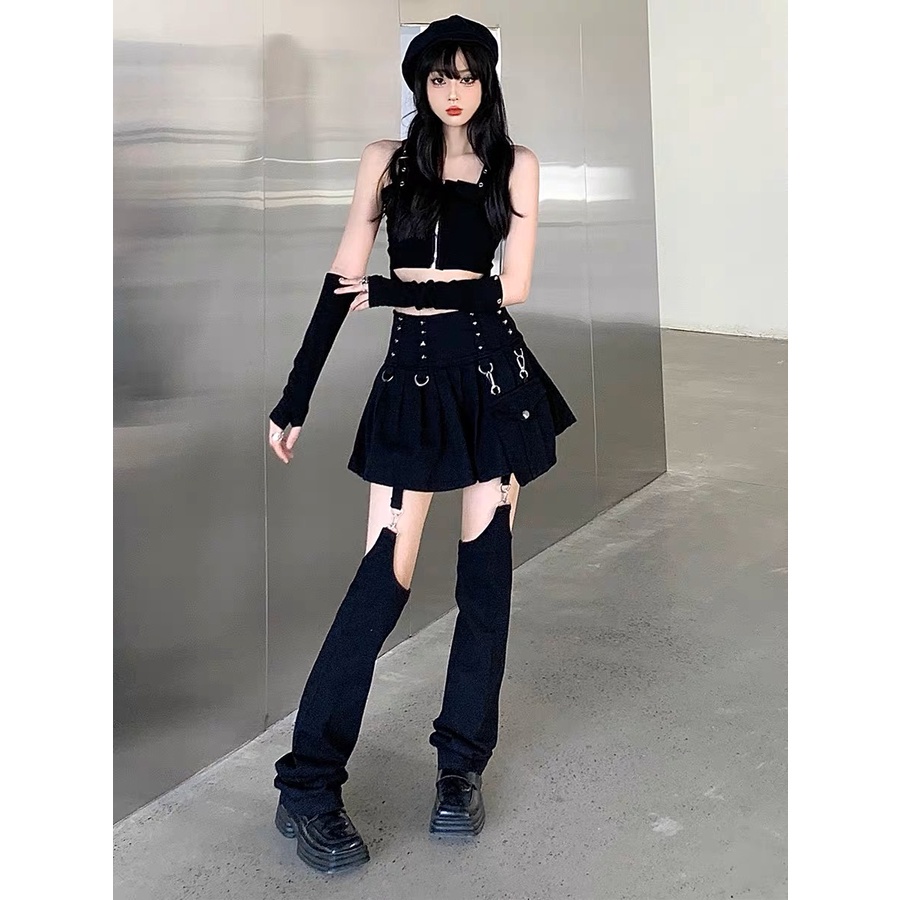 [NEW COLLECTIONS] BEST SELLER Women's Gothic Punk High Waist Fold Up Mini Skirt with Straight Pants