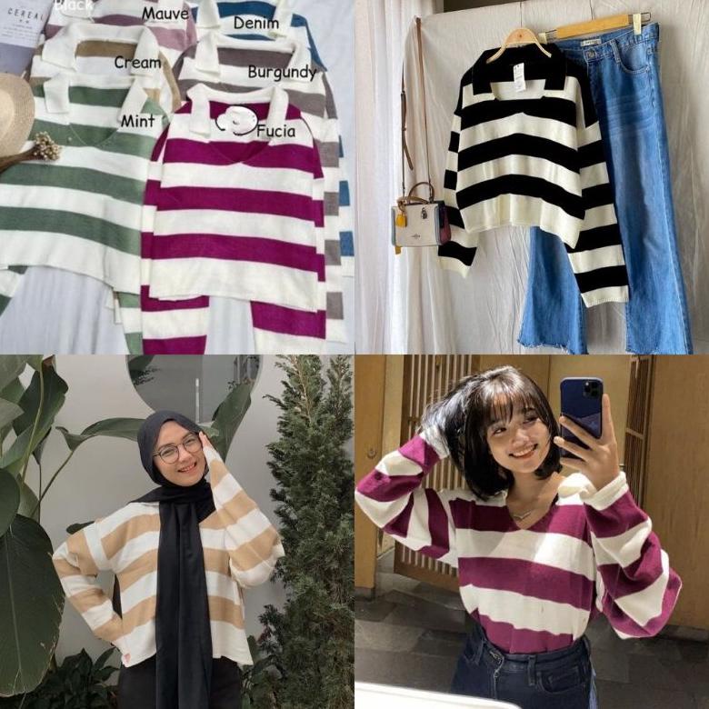 Flash Sale FUJI ATASAN RAJUT BLOUSE BB30-50KG CROP BLASTER GARIS SALUR FUJI SWEATER BAJU BELANG BAJU