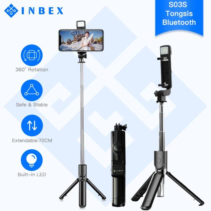 INBEX S03S Tongsis Bluetooth Led Selfie Stick Remote Bright Tripod