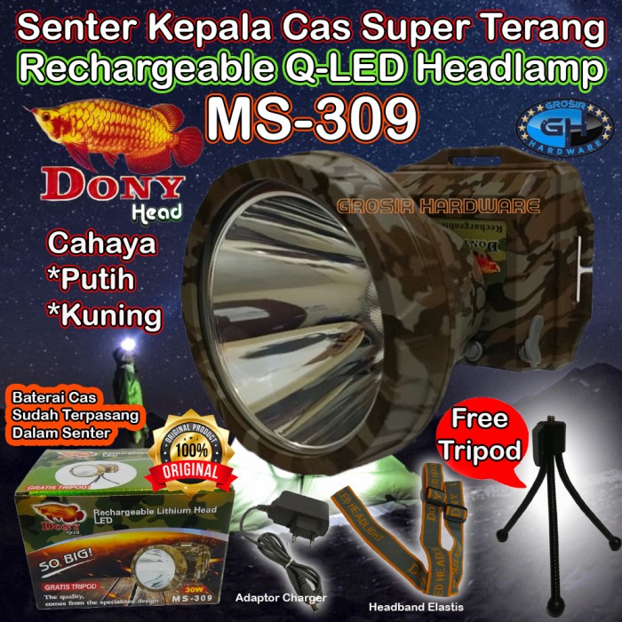 Promo Senter Kepala Dony Original Ms 309 Q-Led Rechargeable Headlamp Torch