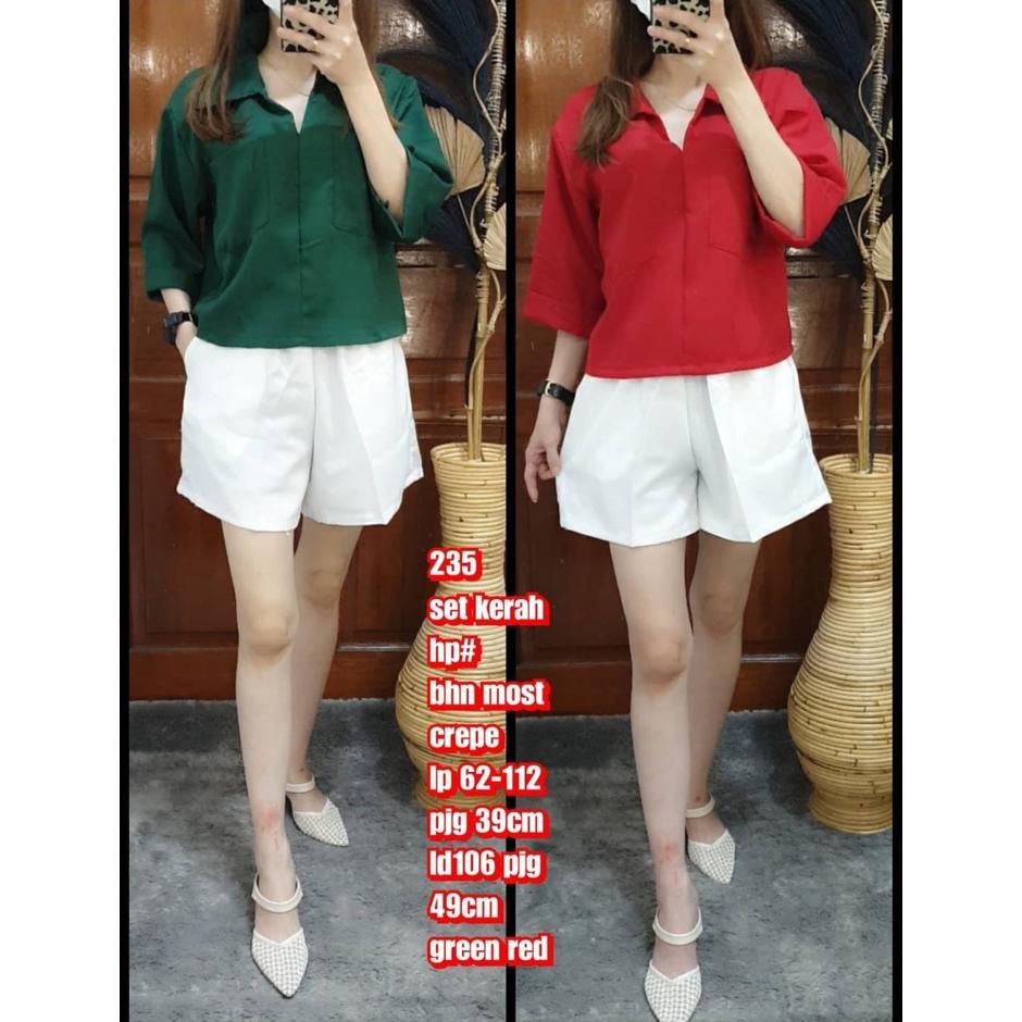 SETELAN WANITA Moscrepe Lengan Pendek Kekinian/ Blouse wanita / Fashion korea/ baju natal Christmas/