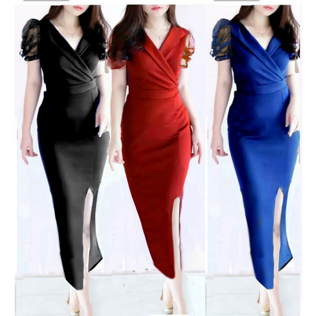 Midi Dress Wanita Korea Style Terbaru Kekinian Dress Polos Simple Dress Modis Elegan Natal Imlek Dre