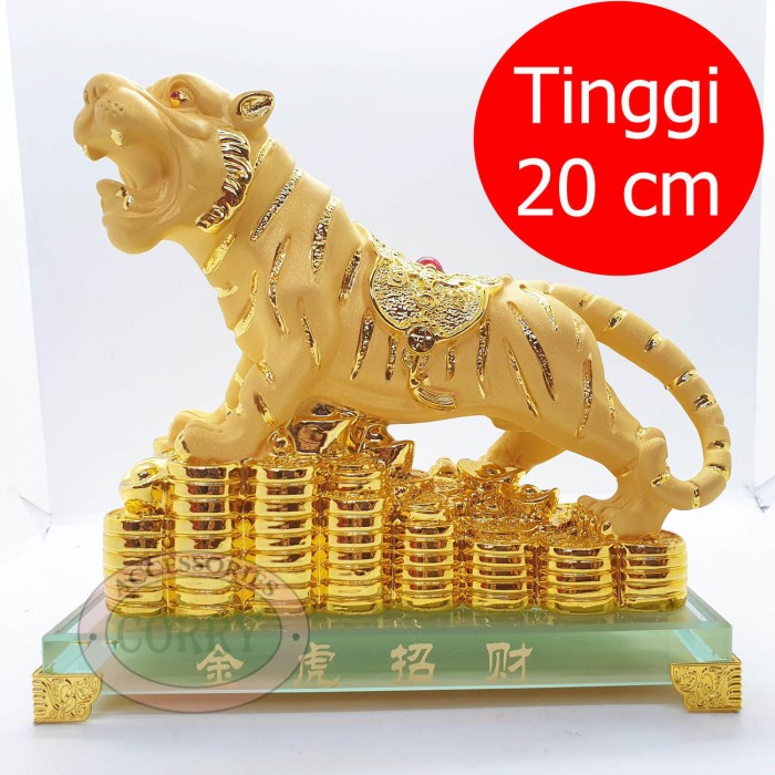 [Original] Patung Imlek Sio Harimau Macan Koin Emas Gold Kaca 20 Cm Pajangan Meja Bisa Gojek