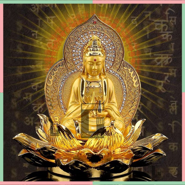 [Original] Patung Dewi Kwan Im Kwanim Gwan Yin Teratai Gold Emas Buddha Statue Terbaru