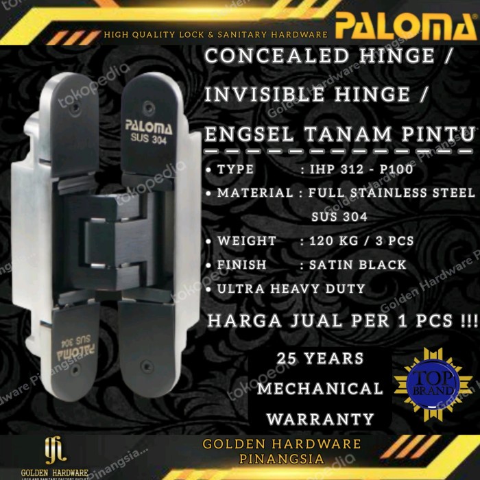 [Ori] Engsel Concealed Invisible Hinge Tanam Pintu Paloma Ihp 312 Black Limited